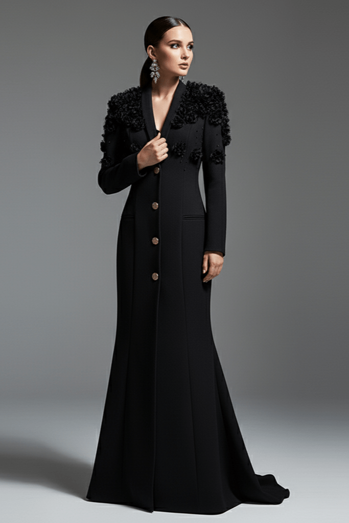 Elegant Evening Dress by Luxe Lane | from Luxe Lane | SKU:  | Barcode:  | Options: Black S | Woman wearing a black evening gown with floral details on a gray background