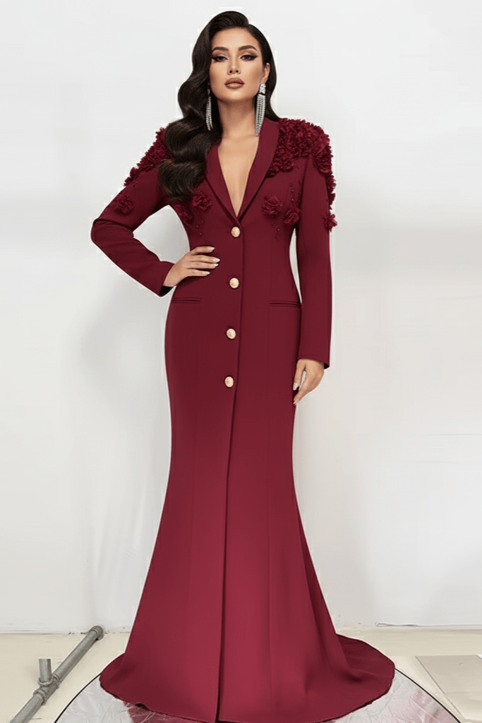 Elegant Evening Dress by Luxe Lane | from Luxe Lane | SKU:  | Barcode:  | Options: Wine Red S | Woman wearing a burgundy evening gown with ruffled details on a white background