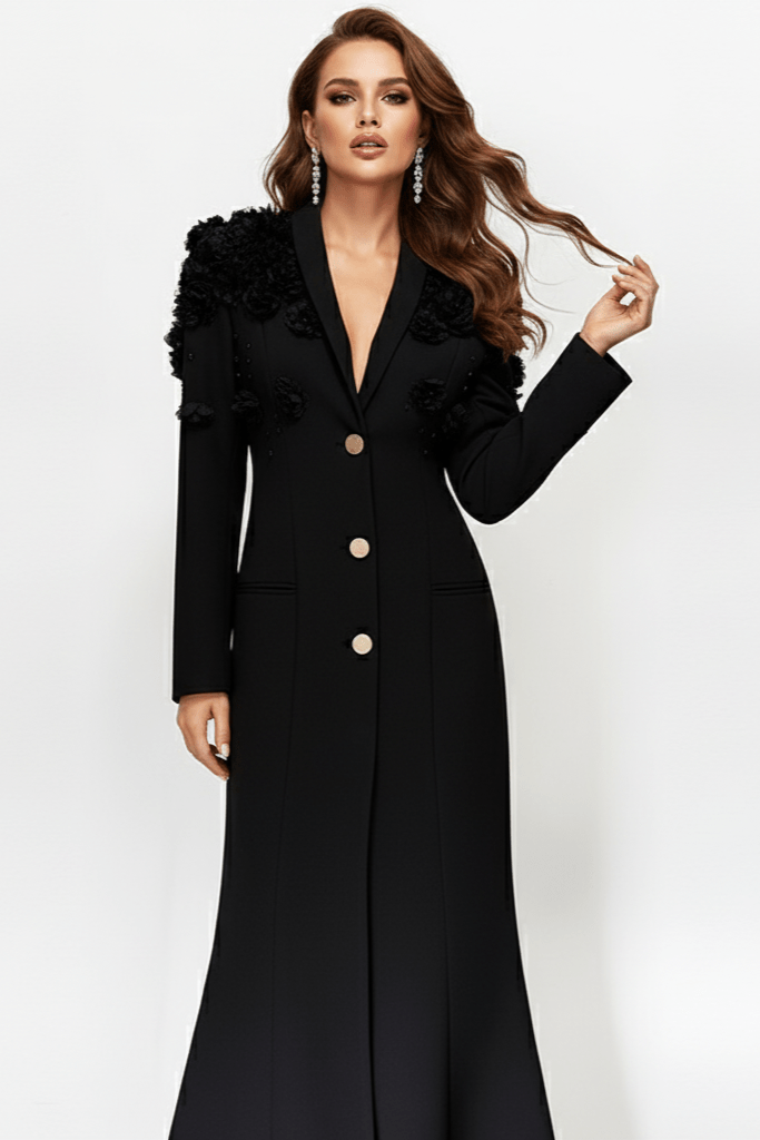 Elegant Evening Dress by Luxe Lane | from Luxe Lane | SKU:  | Barcode:  | Options: Wine Red S | Woman wearing a black dress with floral details on a white background