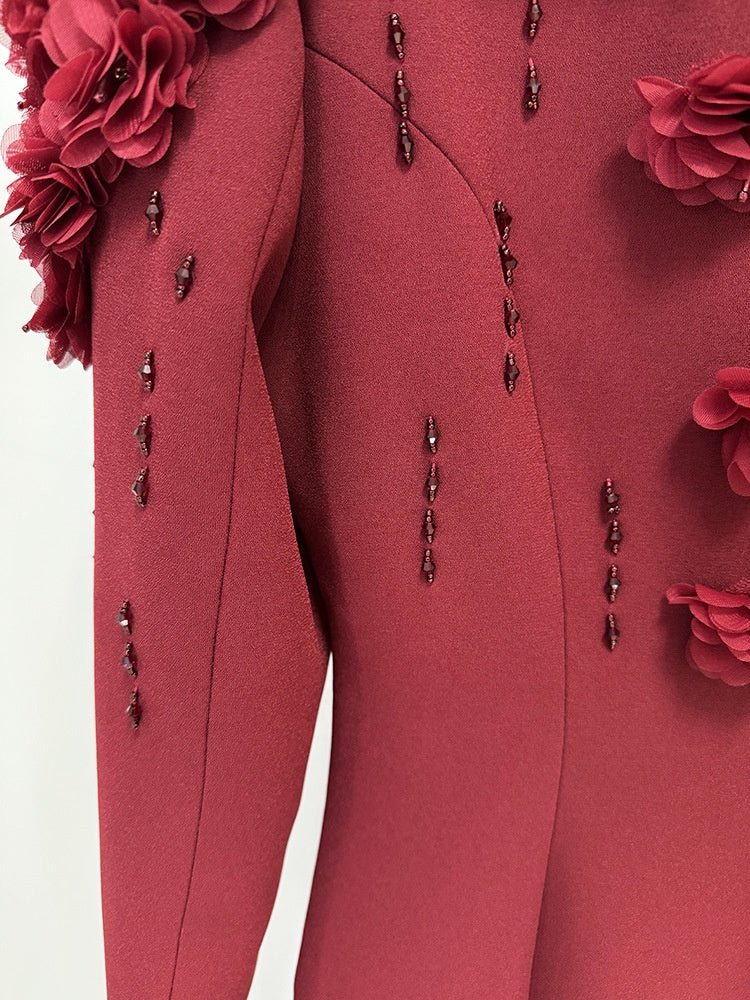 Elegant Evening Dress by Luxe Lane | from Luxe Lane | SKU:  | Barcode:  | Options: Wine Red S | Red outfit with floral embellishments and bead details on a white background