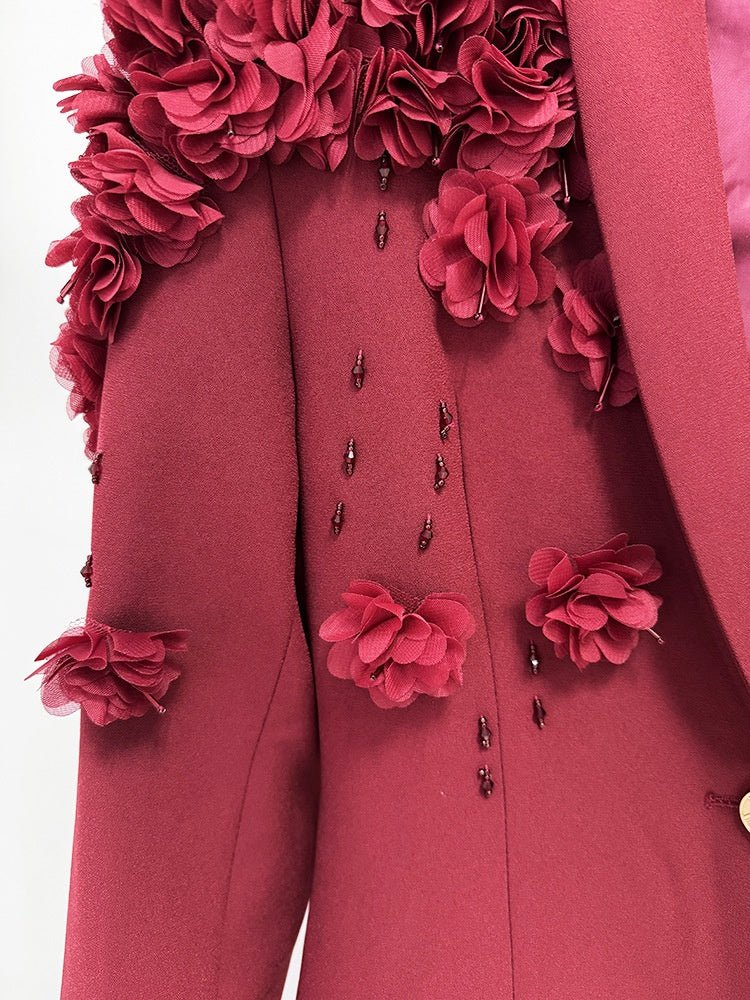 Elegant Evening Dress by Luxe Lane | from Luxe Lane | SKU:  | Barcode:  | Options: Wine Red S | Red coat with floral embellishments on a white background