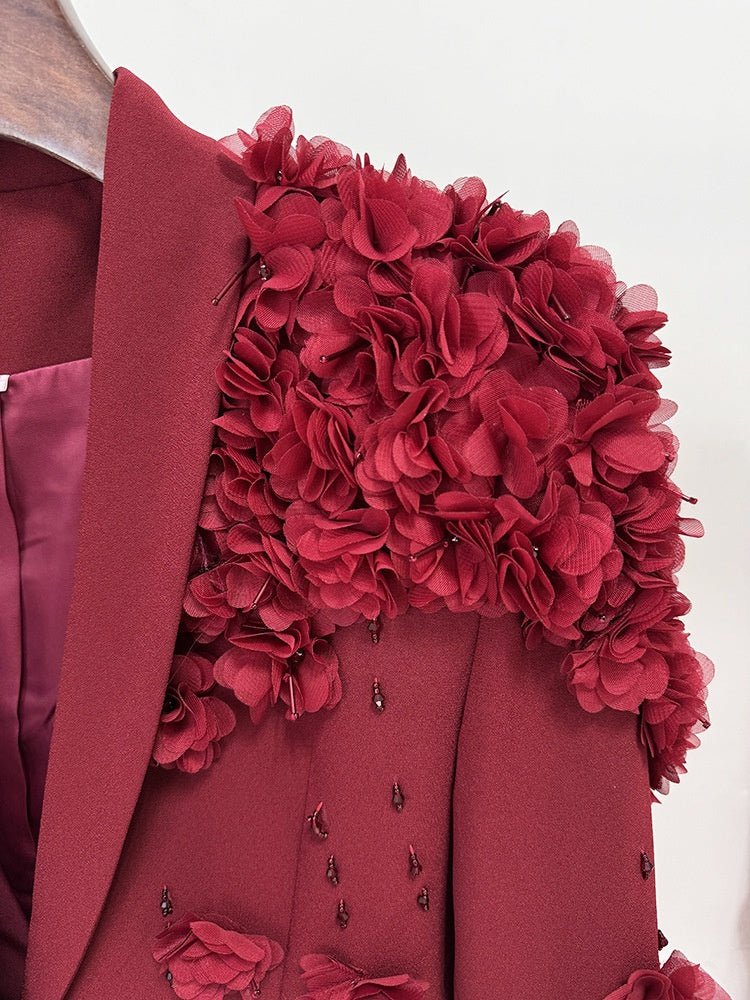 Elegant Evening Dress by Luxe Lane | from Luxe Lane | SKU:  | Barcode:  | Options: Wine Red S | Close - up of a red floral embellished garment on a white background