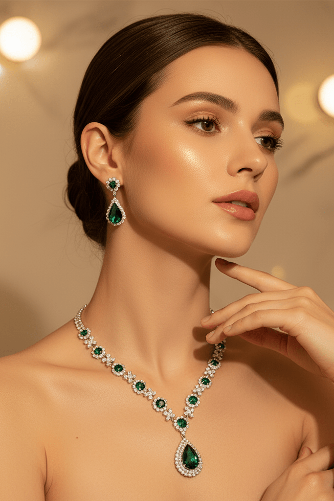 Elegant Heart & Water Drop Pendant Necklace Set by CJ | 0 from Luxe Lane | SKU: CJLX254655301AZ | Barcode:  | Options: Green | Woman wearing a green emerald necklace and earrings with a warm, blurred background