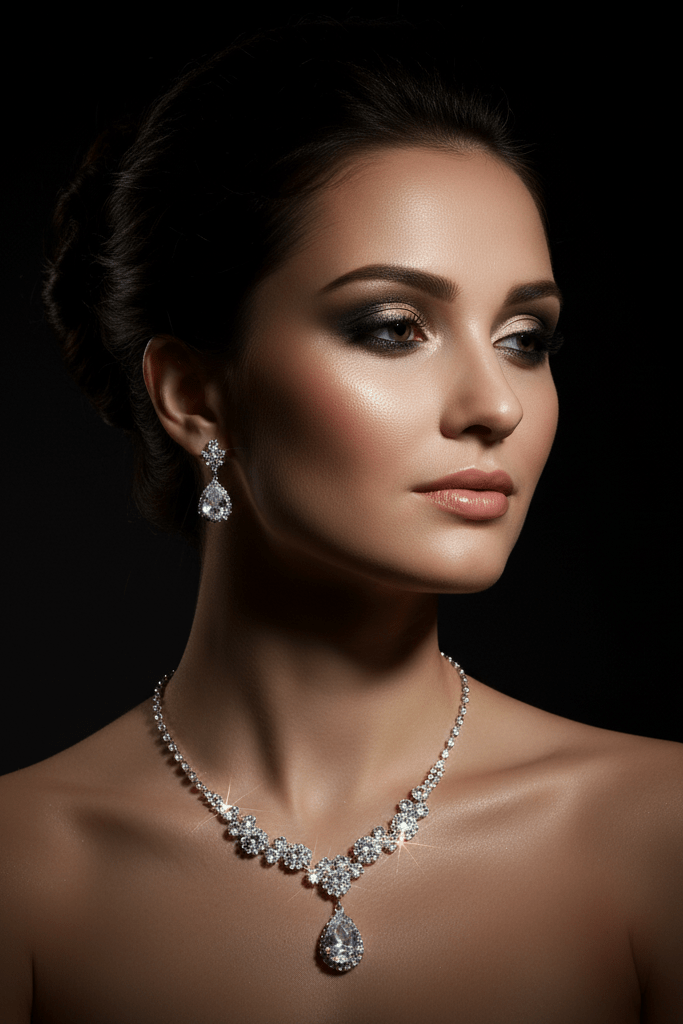 Elegant Heart & Water Drop Pendant Necklace Set by CJ | 0 from Luxe Lane | SKU: CJLX254655301AZ | Barcode:  | Options: Green | Woman wearing a diamond necklace and earrings against a black background