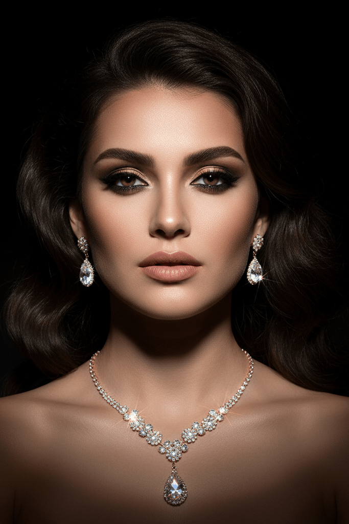 Elegant Heart & Water Drop Pendant Necklace Set by CJ | 0 from Luxe Lane | SKU: CJLX254655301AZ | Barcode:  | Options: Green | Woman wearing a diamond necklace and earrings against a dark background