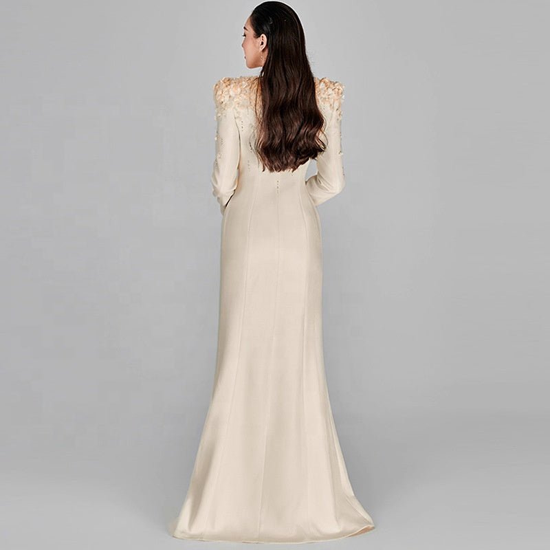 Elegant Modest Evening Dress by Luxe Lane | from Luxe Lane | SKU:  | Barcode:  | Options: Beige S | Luxury Clothing Women Lady Long Sleeve Elegant Heavy Beaded 3D Flower Dress Robe De Soirée Womens Modest Formal Evening Dresses