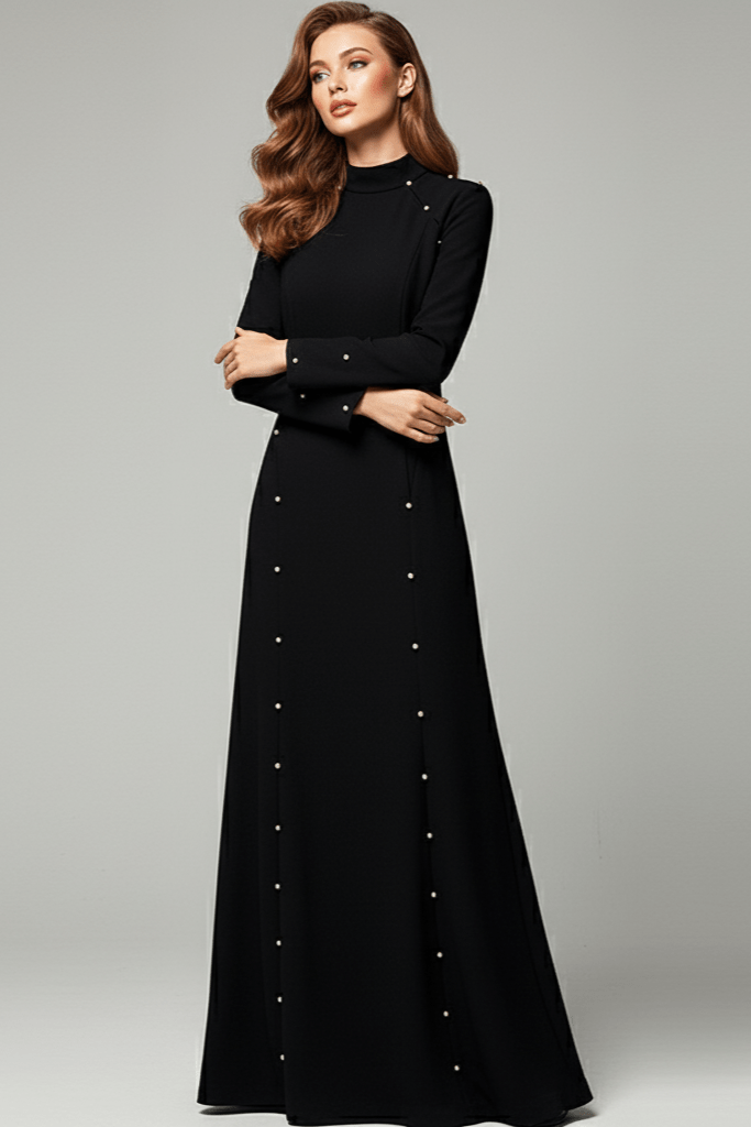 Elegant Modest Long Sleeve Black Evening Dress by Luxe Lane | from Luxe Lane | SKU:  | Barcode:  | Options: Black S | Elegant Modest Long Sleeve Black Evening Dress