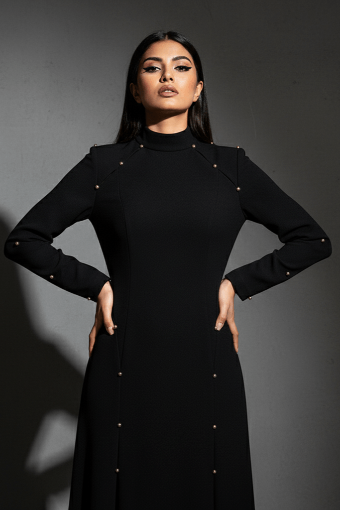 Elegant Modest Long Sleeve Black Evening Dress by Luxe Lane | from Luxe Lane | SKU:  | Barcode:  | Options: Black S | Woman wearing a black dress with gold buttons against a dark background