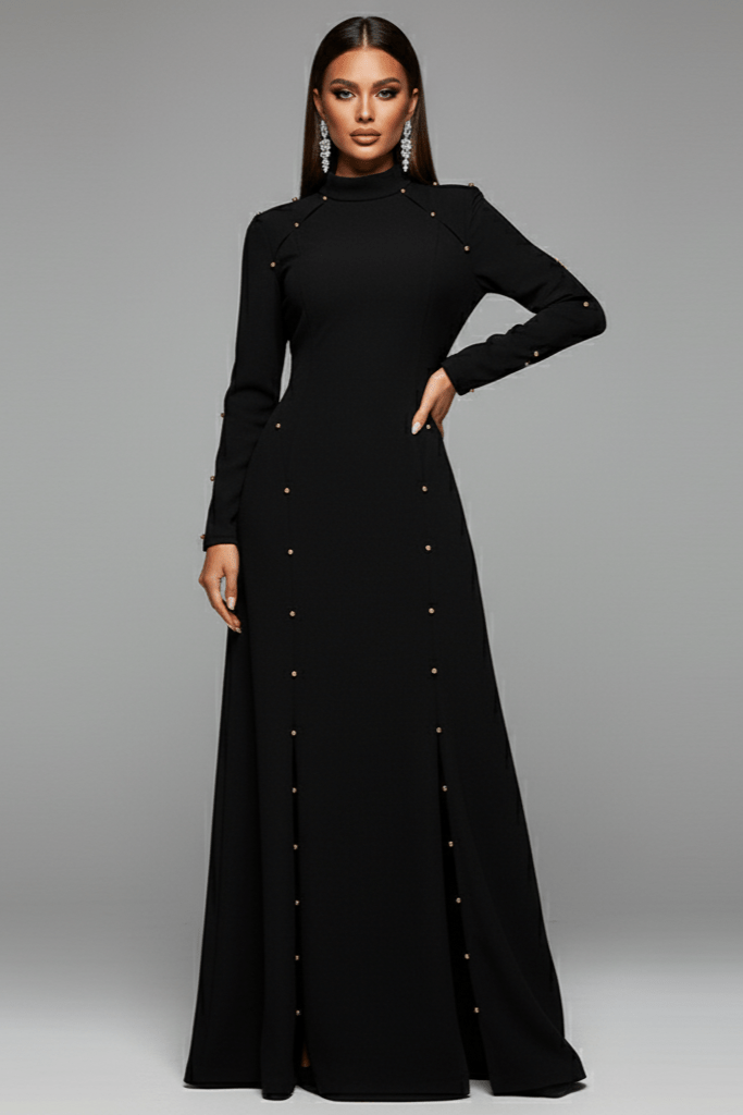 Elegant Modest Long Sleeve Black Evening Dress by Luxe Lane | from Luxe Lane | SKU:  | Barcode:  | Options: Black S | Elegant Modest Long Sleeve Black Evening Dress