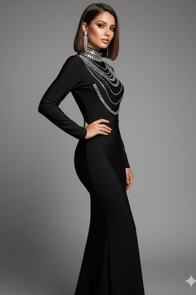 Elegant Rhinestone Bandage Mermaid Gown by Shine | mermaid gown from Luxe Lane | SKU: W11210-1 | Barcode:  | Options: Black S(6) | Elegant Rhinestone Bandage Mermaid Gown