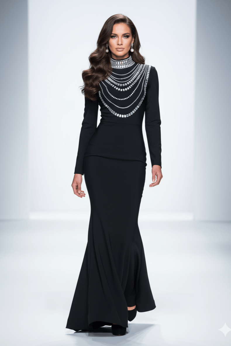 Elegant Rhinestone Bandage Mermaid Gown by Shine | mermaid gown from Luxe Lane | SKU: W11210-1 | Barcode:  | Options: Black S(6) | Elegant Rhinestone Bandage Mermaid Gown
