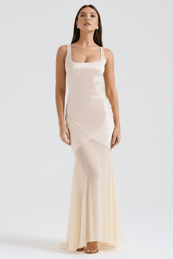 Elegant Satin Chiffon Mermaid Dress by Luxe Lane | from Luxe Lane | SKU:  | Barcode:  | Options: Blue XS | Elegant Satin Chiffon Mermaid Dress