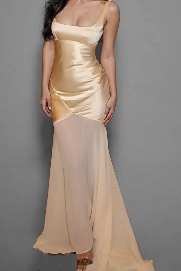 Elegant Satin Chiffon Mermaid Dress by Luxe Lane | from Luxe Lane | SKU:  | Barcode:  | Options: Blue XS | Summer Dresses 2025 Flowy Robe Satin Satin Chiffon Elegant Long Mermaid Evening Dress with Sweep Train