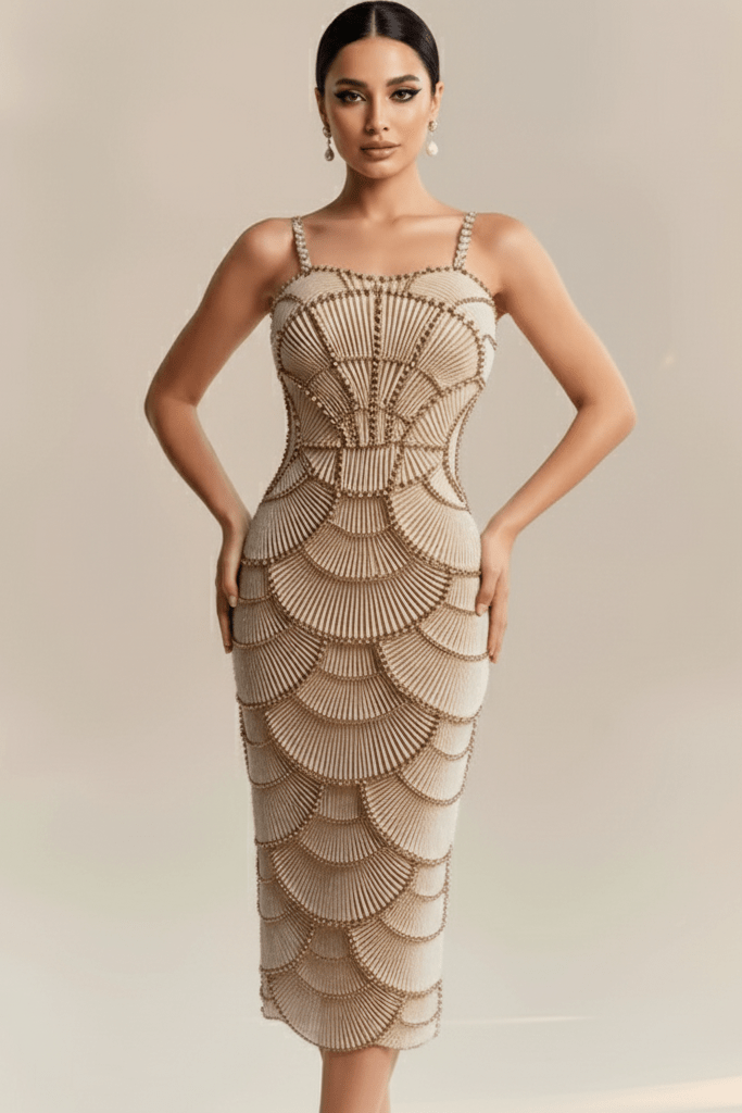 Elegant Strapless Sequin Beaded Midi Dress by Shine | Ball gown from Luxe Lane | SKU: -1 | Barcode:  | Options: Champagne S(6) | Elegant Strapless Sequin Beaded Midi Dress