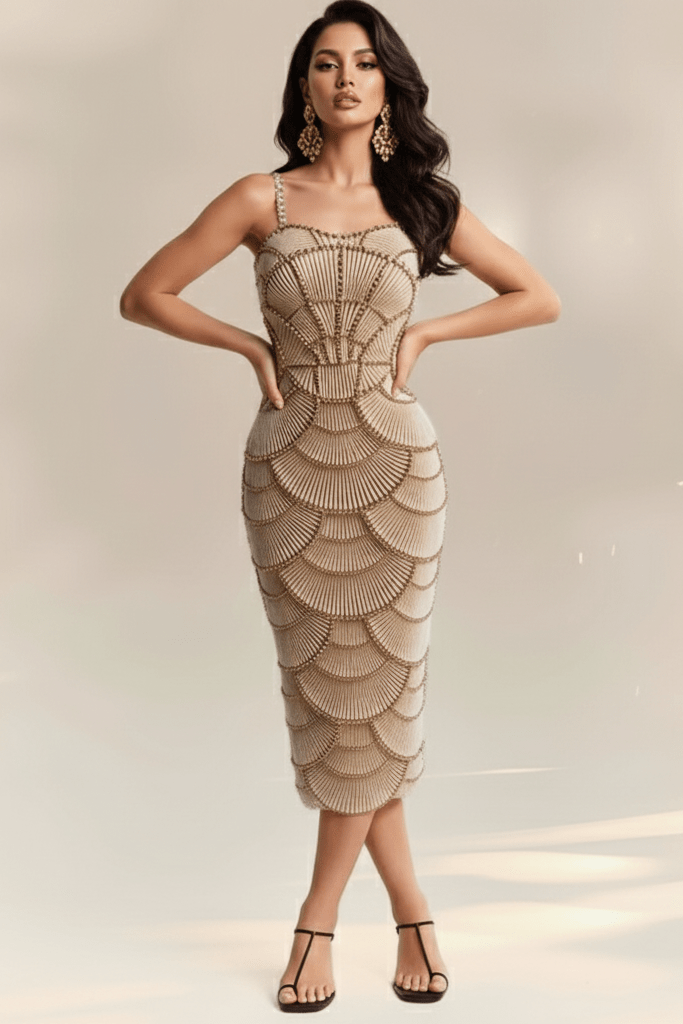 Elegant Strapless Sequin Beaded Midi Dress by Shine | Ball gown from Luxe Lane | SKU: -4 | Barcode:  | Options: Rose red S(6) | Woman wearing a beaded dress on a neutral background