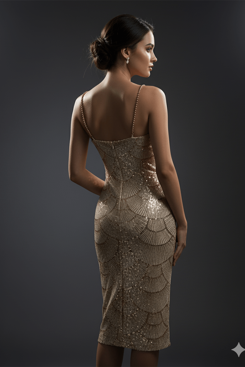 Elegant Strapless Sequin Beaded Midi Dress by Shine | Ball gown from Luxe Lane | SKU: -4 | Barcode:  | Options: Rose red S(6) | Elegant Strapless Sequin Beaded Midi Dress