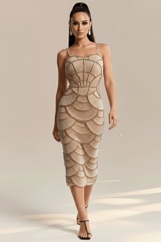 Elegant Strapless Sequin Beaded Midi Dress by Shine | Ball gown from Luxe Lane | SKU: -4 | Barcode:  | Options: Rose red S(6) | Elegant Strapless Sequin Beaded Midi Dress