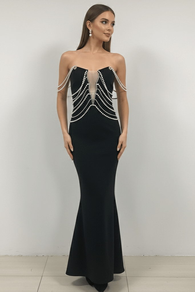 Elegant Women's Pearl Chain Mermaid Maxi Dress by Shine | Dresses from Luxe Lane | SKU:  | Barcode:  | Options: Black S(6) | Elegant Women's Pearl Chain Mermaid Maxi Dress