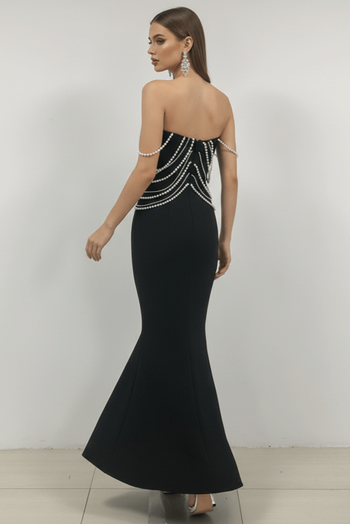 Elegant Women's Pearl Chain Mermaid Maxi Dress by Shine | Dresses from Luxe Lane | SKU:  | Barcode:  | Options: Black S(6) | Elegant Women's Pearl Chain Mermaid Maxi Dress