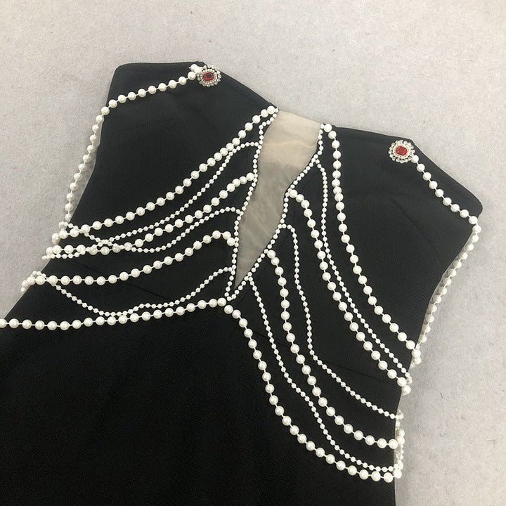 Elegant Women's Pearl Chain Mermaid Maxi Dress by Shine | Dresses from Luxe Lane | SKU:  | Barcode:  | Options: Black S(6) | Elegant Womens Clothing Women Long Bodycon Dress Formal Gown Luxury Sexy Black Spaghetti Strap Pearl Chain Mermaid Maxi Dress