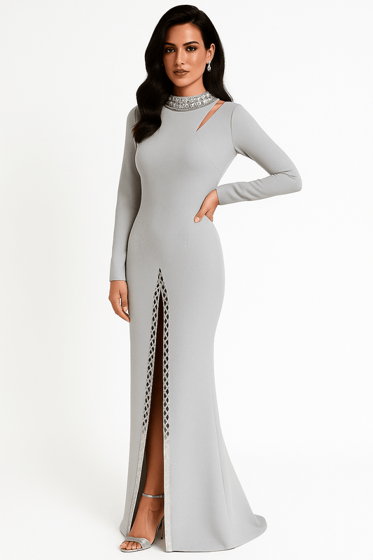 Elisara Rhinestone High Neck Maxi Gown by Shine | Dresses from Luxe Lane | SKU: -1 | Barcode:  | Options: Light gray S | Elisara Rhinestone High Neck Maxi Gown
