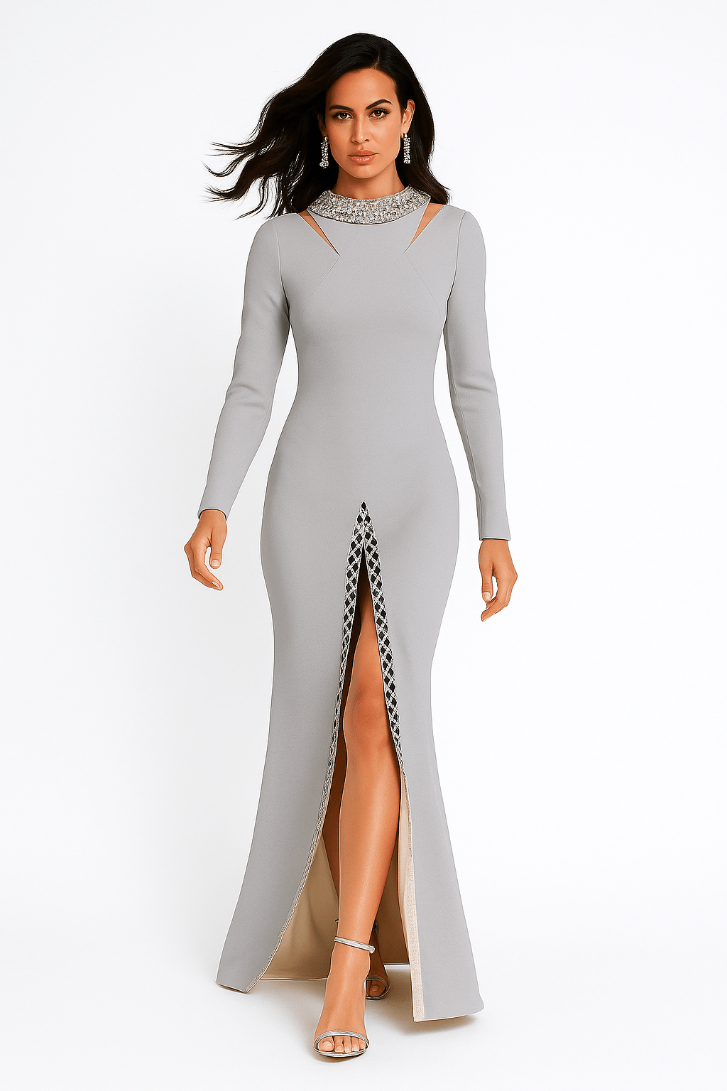 Elisara Rhinestone High Neck Maxi Gown by Shine | Dresses from Luxe Lane | SKU: -1 | Barcode:  | Options: Light gray S | Elisara Rhinestone High Neck Maxi Gown