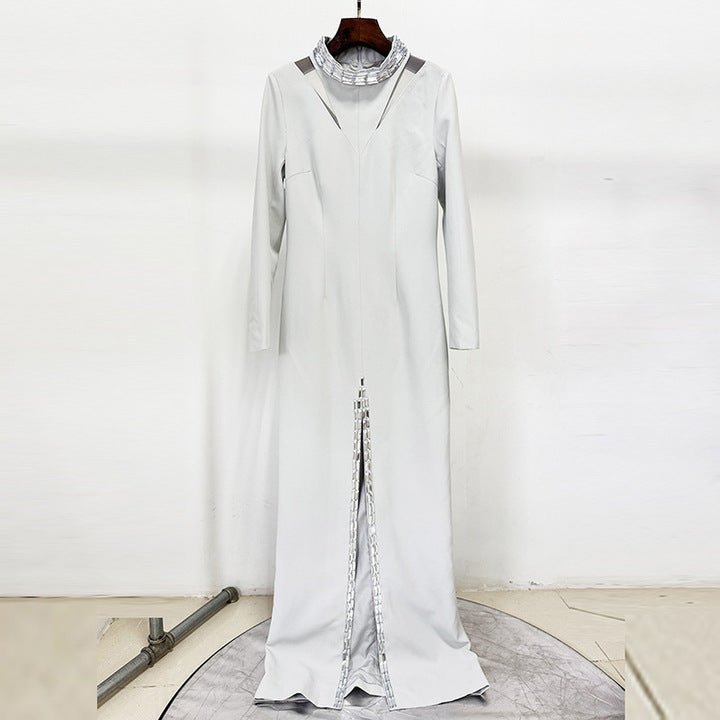 Elisara Rhinestone High Neck Maxi Gown by Shine | Dresses from Luxe Lane | SKU: -1 | Barcode:  | Options: Light gray S | Elegant Light Gray Long Sleeve Bodycon Maxi Dress Women Formal High Slit Gown High Neck Party Dresses with Rhinestones