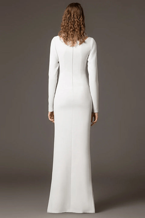 Elisara Rhinestone High Neck Maxi Gown by Shine | Dresses from Luxe Lane | SKU: -1 | Barcode:  | Options: Light gray S | Elegant Light Gray Long Sleeve Bodycon Maxi Dress Women Formal High Slit Gown High Neck Party Dresses with Rhinestones