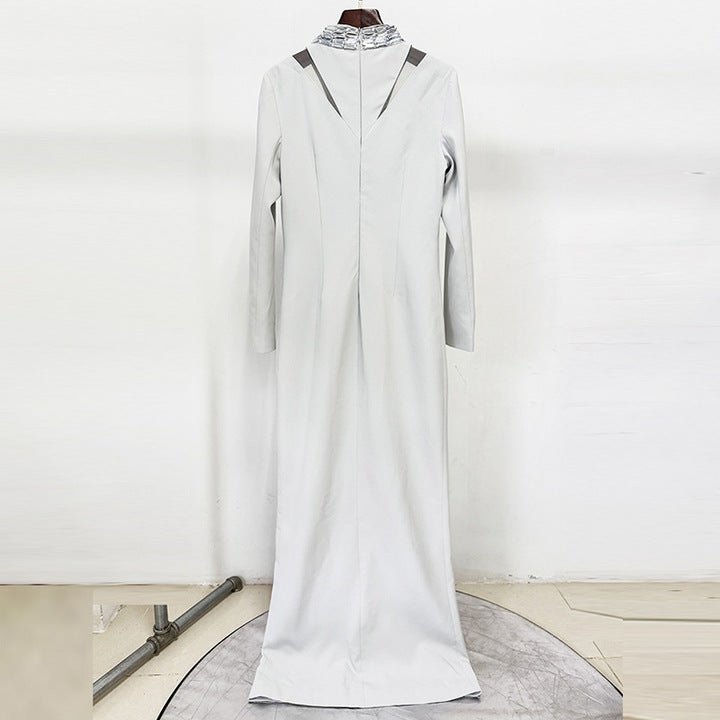 Elisara Rhinestone High Neck Maxi Gown by Shine | Dresses from Luxe Lane | SKU: -1 | Barcode:  | Options: Light gray S | Elegant Light Gray Long Sleeve Bodycon Maxi Dress Women Formal High Slit Gown High Neck Party Dresses with Rhinestones