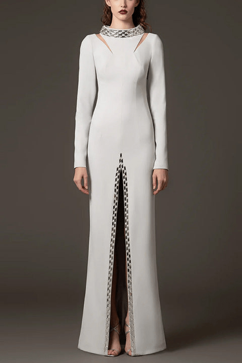 Elisara Rhinestone High Neck Maxi Gown by Shine | Dresses from Luxe Lane | SKU: -1 | Barcode:  | Options: Light gray S | Elegant Light Gray Long Sleeve Bodycon Maxi Dress Women Formal High Slit Gown High Neck Party Dresses with Rhinestones