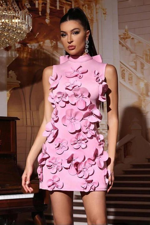 Elodie Rose Floral High Neck Mini Dress by Shine | Party dresses from Luxe Lane | SKU:  | Barcode:  | Options: Pink S | Elegant Sleeveless Formal Prom Club Evening Dresses High Neck Air Layer Fabric Pink Mini Dress With 3D Flower Applique