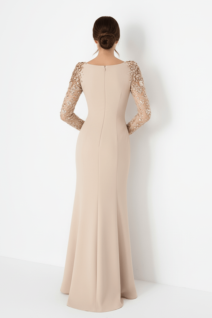 Elysia Sequin Mesh Mermaid Gown by Shine | from Luxe Lane | SKU: W11298-7 | Barcode:  | Options: Apricot S(6) | Elysia Sequin Mesh Maxi Dress Gown