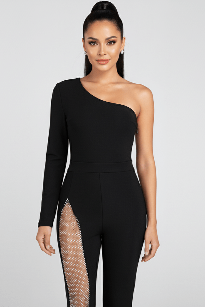 Elysian One - Shoulder Bandage Jumpsuit by Luxe Lane | from Luxe Lane | SKU:  | Barcode:  | Options: Black XS | Elysian One - Shoulder Bandage Jumpsuit
