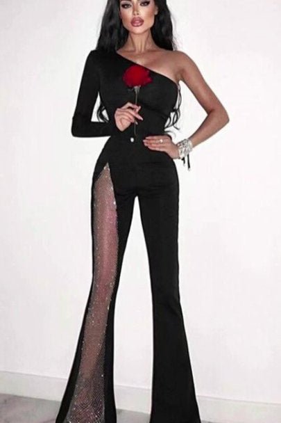 Elysian One - Shoulder Bandage Jumpsuit by Luxe Lane | from Luxe Lane | SKU:  | Barcode:  | Options: Black XS | Fashion Summer One Shoulder Sexy Long Sleeve Bandage Mesh Plus Size Bodycon Women Jumpsuits