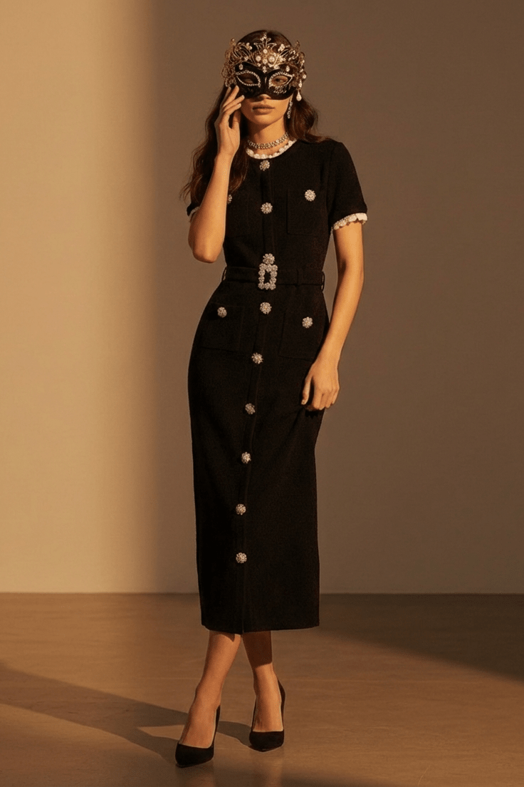 Embellished Belted Bodycon Midi Evening Dress by Luxe Lane | from Luxe Lane | SKU:  | Barcode:  | Options: Black S(6) | Woman wearing a black dress with white buttons and a decorative headpiece against a brown background