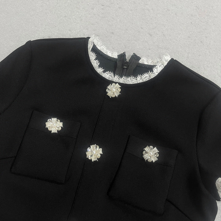 Embellished Belted Bodycon Midi Evening Dress by Luxe Lane | from Luxe Lane | SKU:  | Barcode:  | Options: Black S(6) | Luxury Black Embellished Midi Dress for Women Elegant Short Sleeve Belted Crystal Floral Formal Evening Party Wear