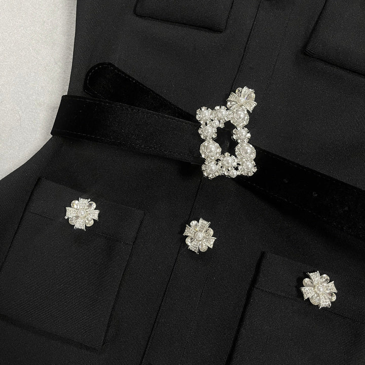 Embellished Belted Bodycon Midi Evening Dress by Luxe Lane | from Luxe Lane | SKU:  | Barcode:  | Options: Black S(6) | Luxury Black Embellished Midi Dress for Women Elegant Short Sleeve Belted Crystal Floral Formal Evening Party Wear