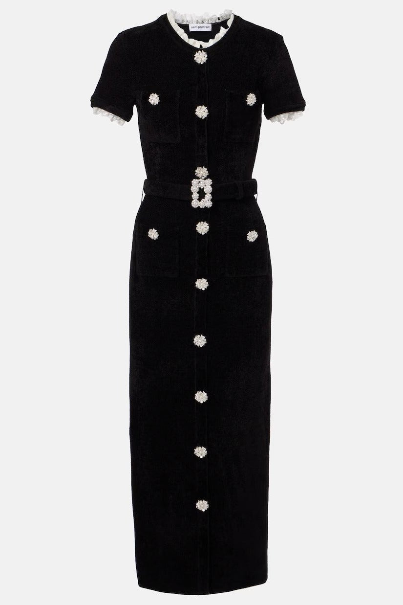 Embellished Belted Bodycon Midi Evening Dress by Luxe Lane | from Luxe Lane | SKU:  | Barcode:  | Options: Black S(6) | Black dress with white buttons on a light gray background