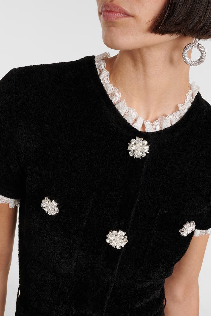 Embellished Belted Bodycon Midi Evening Dress by Luxe Lane | from Luxe Lane | SKU:  | Barcode:  | Options: Black S(6) | Black dress with white lace details on a plain background