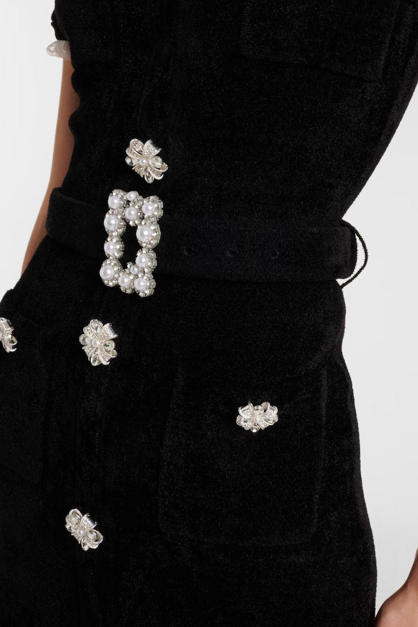 Embellished Belted Bodycon Midi Evening Dress by Luxe Lane | from Luxe Lane | SKU:  | Barcode:  | Options: Black S(6) | Black dress with pearl embellishments on a white background