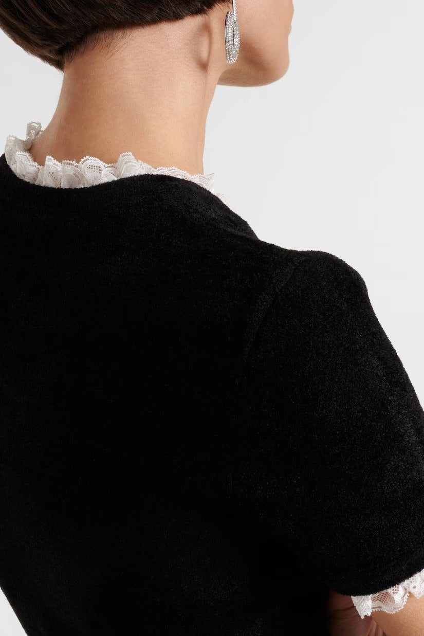 Embellished Belted Bodycon Midi Evening Dress by Luxe Lane | from Luxe Lane | SKU:  | Barcode:  | Options: Black S(6) | Black shrug with white lace trim worn by a person on a light gray background