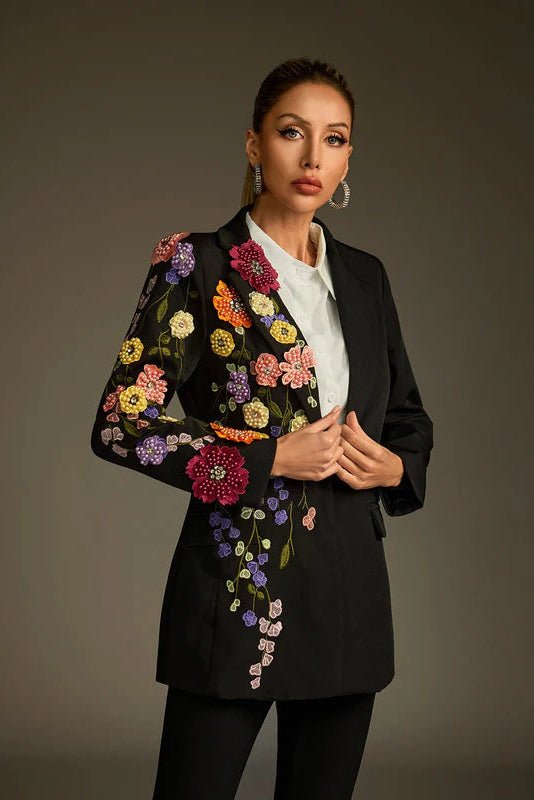 Embroidered Floral Tailored Blazer JacketBlazerBlackS(2)Luxe Lane
