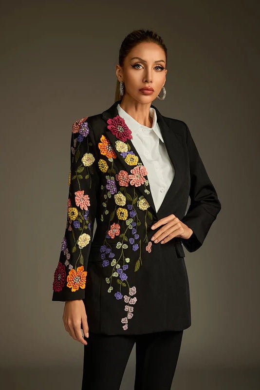 Embroidered Floral Tailored Blazer JacketBlazerBlackS(2)Luxe Lane