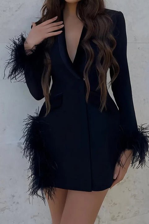 Feather Trim Bandage Blazer Mini Dress by Shine | Blazer Dress from Luxe Lane | SKU: -6 | Barcode:  | Options: Black XS(4) | Trendy Mini Bandage Blazer Dress Womans Elegant Knitted Sexy Blazer Dresses With Feather