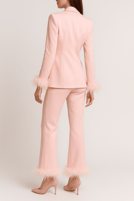 Feather Trimmed Two - Piece Suit by Luxe Lane | from Luxe Lane | SKU: 0 | Barcode:  | Options: Pink XS | Feather Trimmed Two - Piece Suit