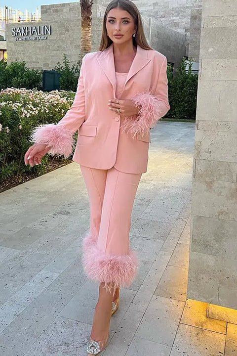 Feather Trimmed Two - Piece Suit by Luxe Lane | from Luxe Lane | SKU: 0 | Barcode:  | Options: Pink XS | Ladies With Feather Daily Office Suit and Pants, Women's Elegant Two - piece Suit Ladies Suit