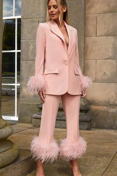 Feather Trimmed Two - Piece Suit by Luxe Lane | from Luxe Lane | SKU: 0 | Barcode:  | Options: Pink XS | Ladies With Feather Daily Office Suit and Pants, Women's Elegant Two - piece Suit Ladies Suit