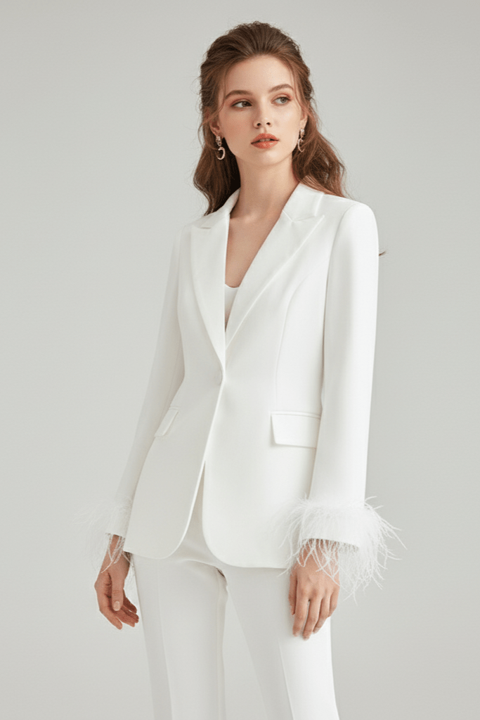Feather Trimmed Two - Piece Suit by Luxe Lane | from Luxe Lane | SKU:  | Barcode:  | Options: White XS | Feather Trimmed Two - Piece Suit