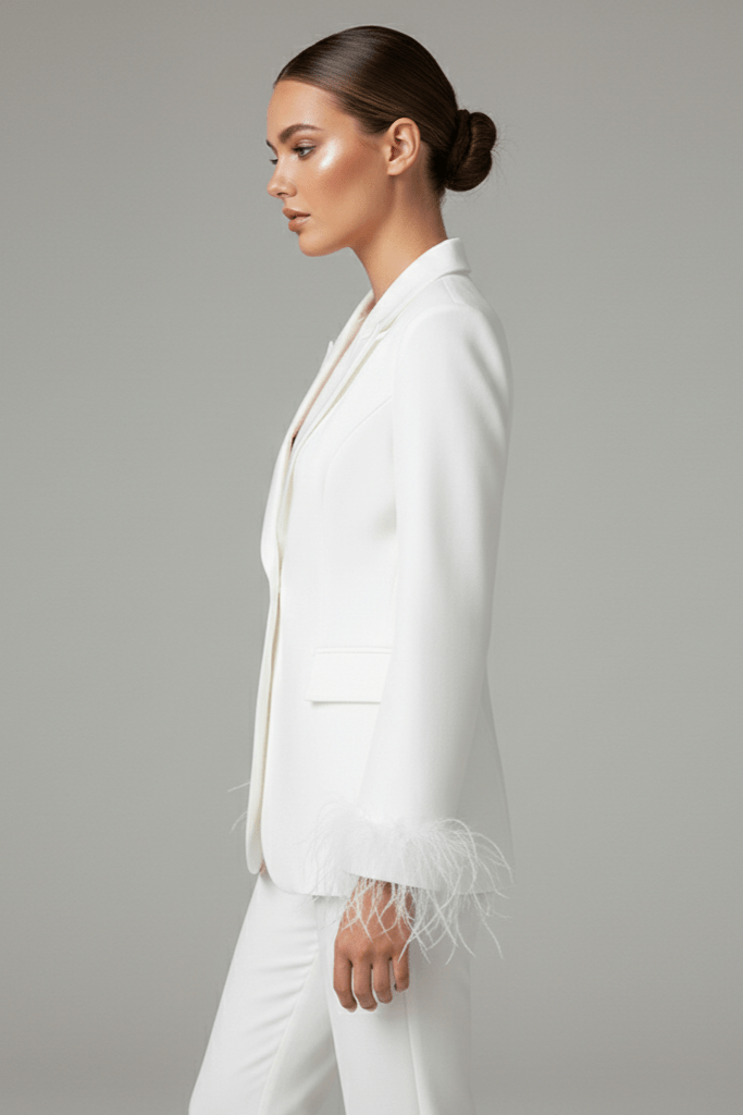 Feather Trimmed Two - Piece Suit by Luxe Lane | from Luxe Lane | SKU:  | Barcode:  | Options: White XS | Feather Trimmed Two - Piece Suit
