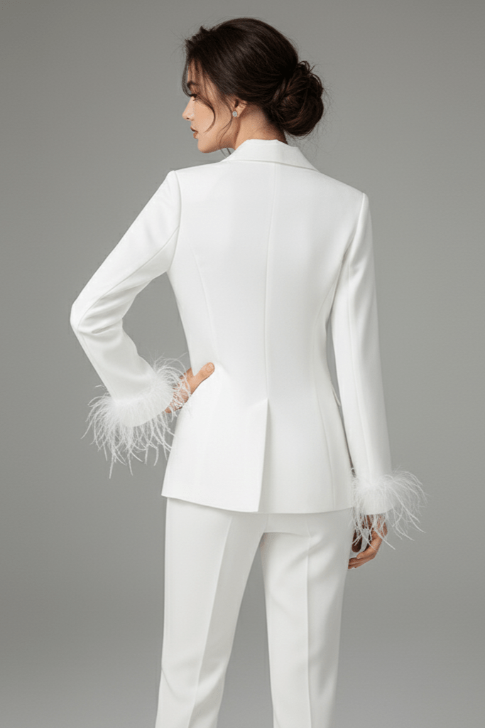 Feather Trimmed Two - Piece Suit by Luxe Lane | from Luxe Lane | SKU:  | Barcode:  | Options: White XS | Feather Trimmed Two - Piece Suit